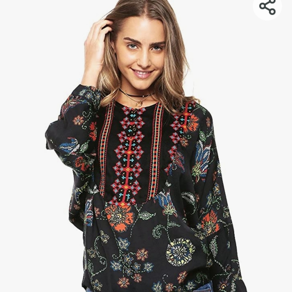 Desigual Priscilla Embroidered Floral Blouse Long Sleeve Boho - Medium